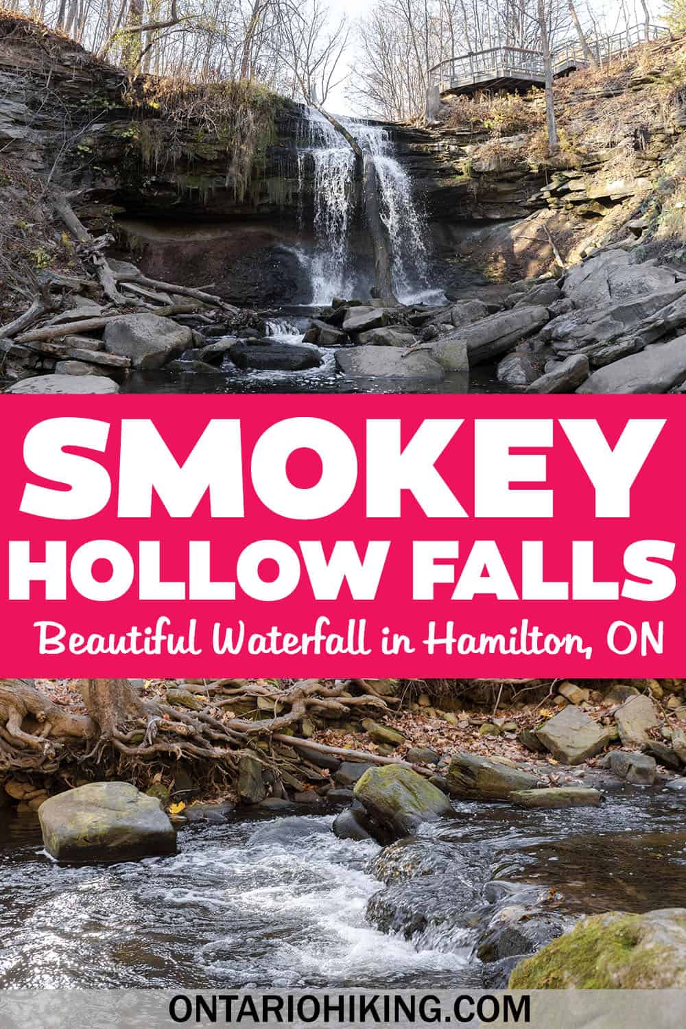 Smokey Hollow Waterfall is a beautiful place to go for a hike in Waterdown, ON (Hamilton). See the gorgeous falls and hike the Bruce Trail.